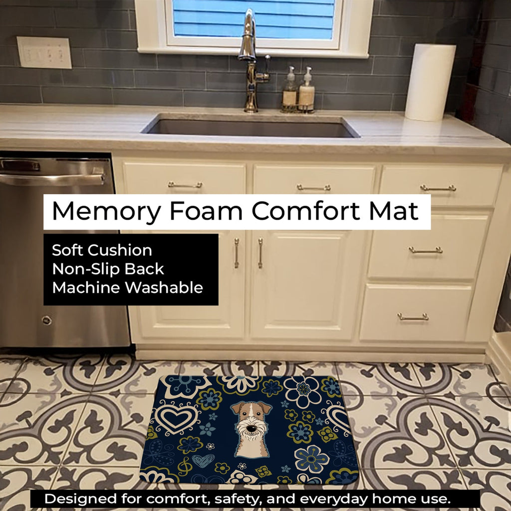 Blue Flowers Wire Haired Fox Terrier Memory Foam Kitchen Mat Machine Washable Anti-Fatigue Cushion Comfort Bath or Kitchen Rug