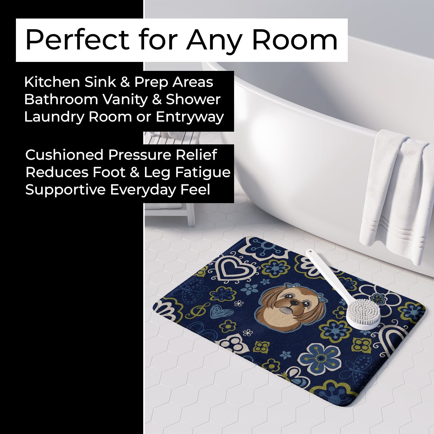 Blue Flowers Chocolate Brown Shih Tzu Memory Foam Kitchen Mat Machine Washable Anti-Fatigue Cushion Comfort Bath or Kitchen Rug