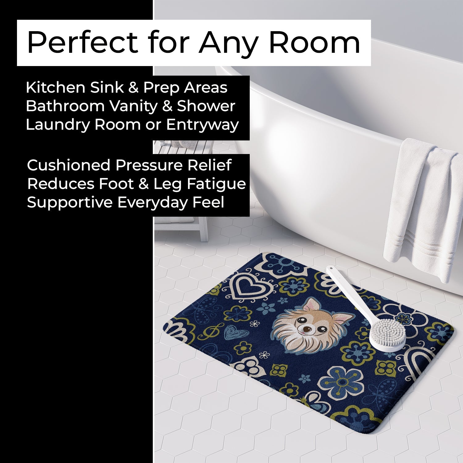Blue Flowers Chihuahua Memory Foam Kitchen Mat Machine Washable Anti-Fatigue Cushion Comfort Bath or Kitchen Rug