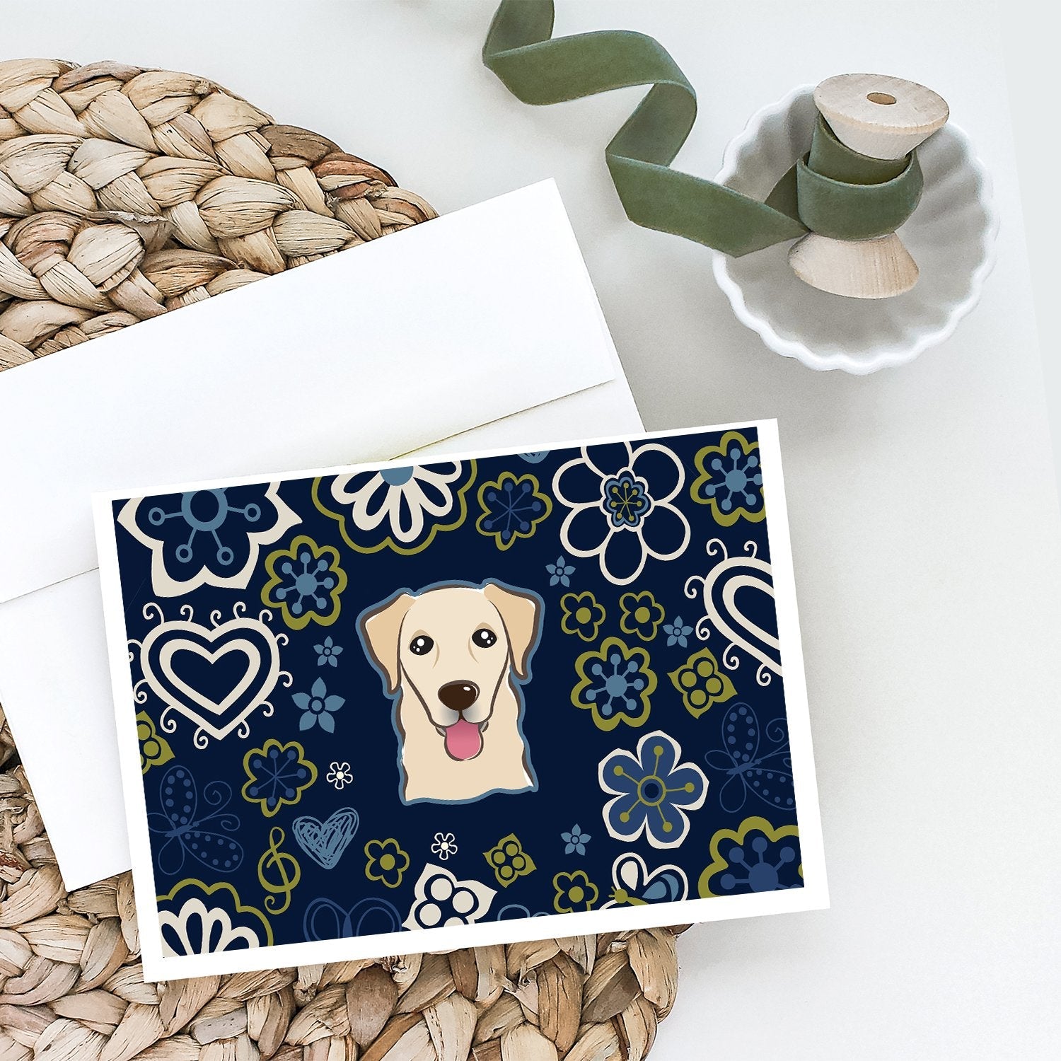 Blue Flowers Golden Retriever Greeting Cards Pack of 8 Blank Cards with Envelopes Whimsical A7 Size 5x7
