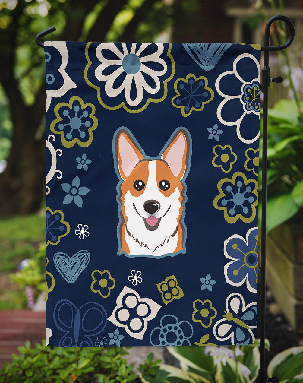 Blue Flowers Red Corgi Garden Flag Mailbox Decorative Yard Banner Outside Patio Artwork for Flower Beds, Garden Size, Multicolor