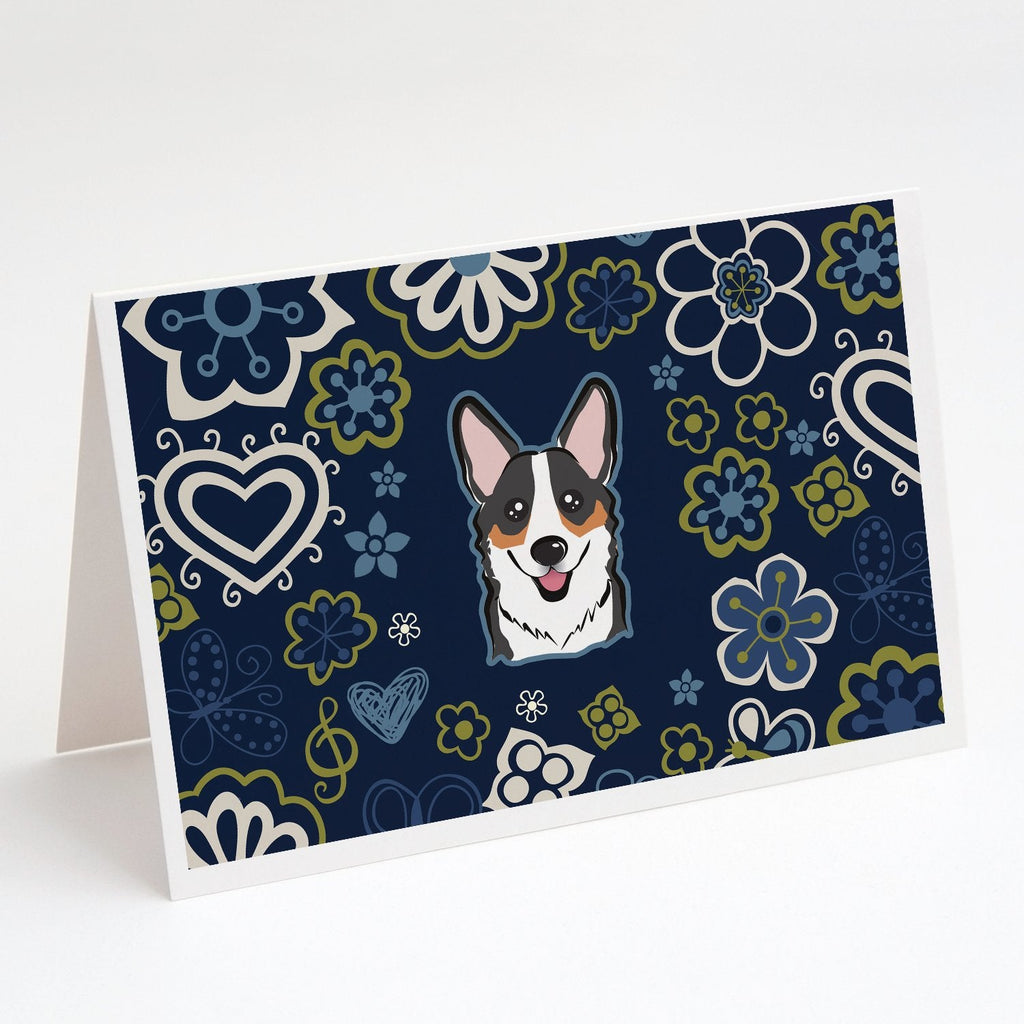 Blue Flowers Tricolor Corgi Greeting Cards Pack of 8 Blank Cards with Envelopes Whimsical A7 Size 5x7
