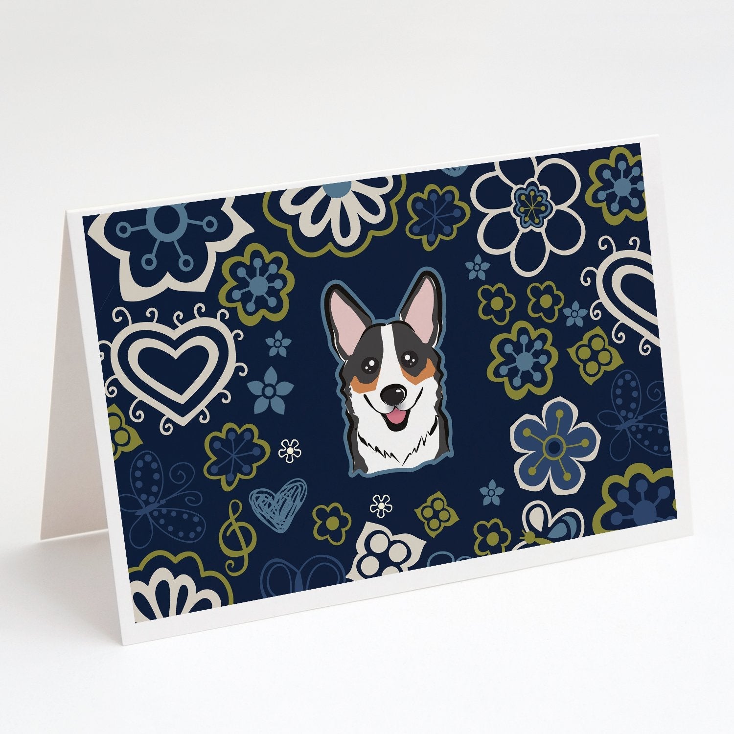 Blue Flowers Tricolor Corgi Greeting Cards Pack of 8 Blank Cards with Envelopes Whimsical A7 Size 5x7