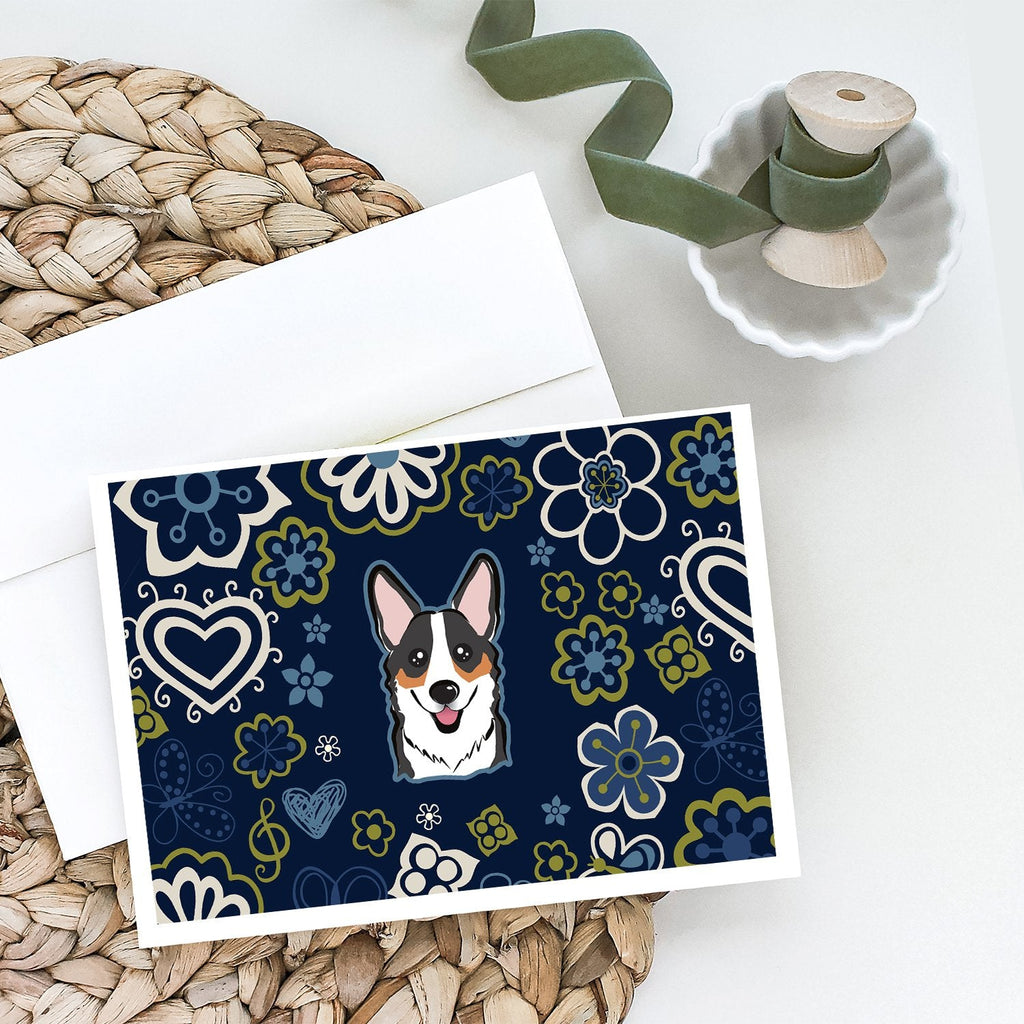Blue Flowers Tricolor Corgi Greeting Cards Pack of 8 Blank Cards with Envelopes Whimsical A7 Size 5x7
