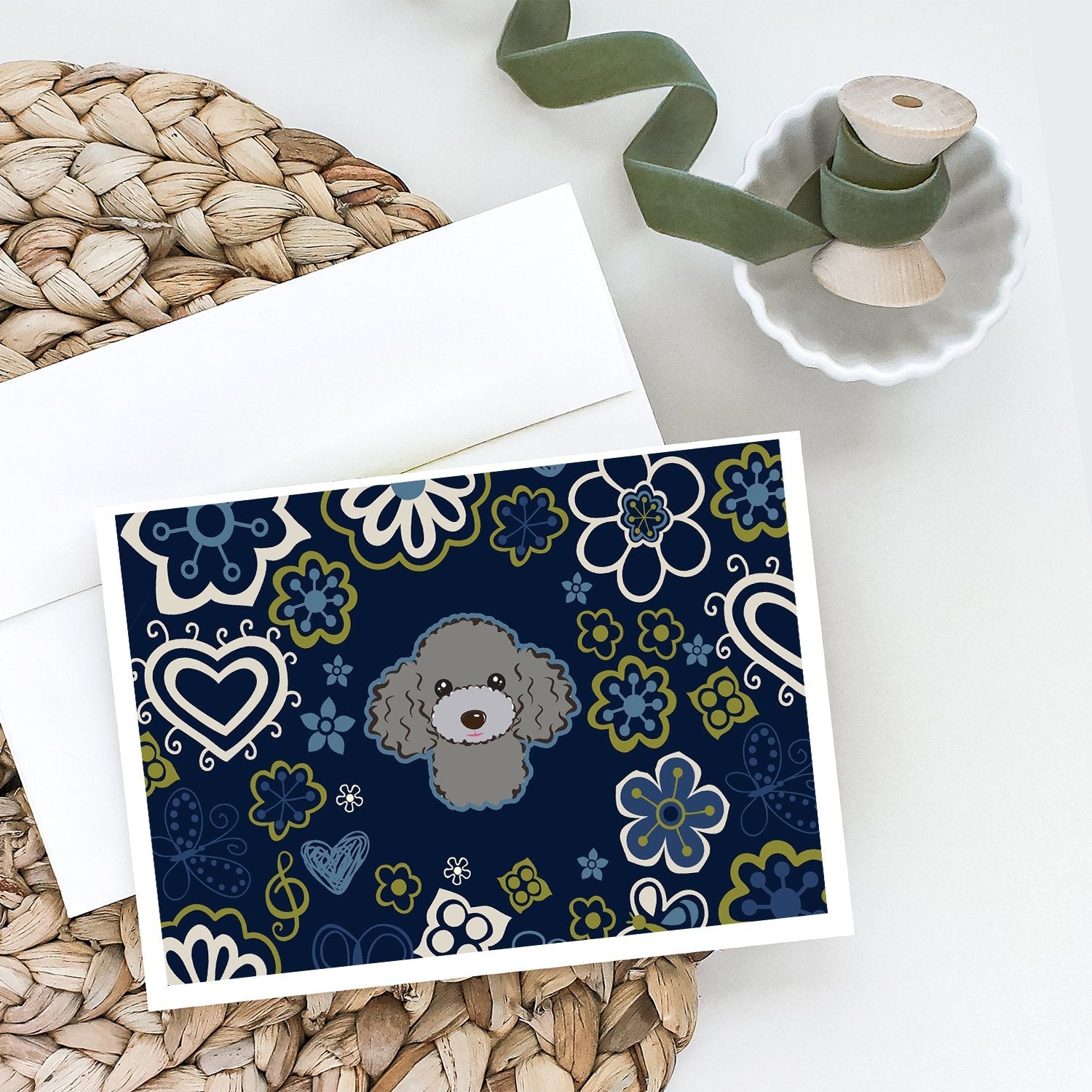 Blue Flowers Silver Gray Poodle Greeting Cards Pack of 8 Blank Cards with Envelopes Whimsical A7 Size 5x7