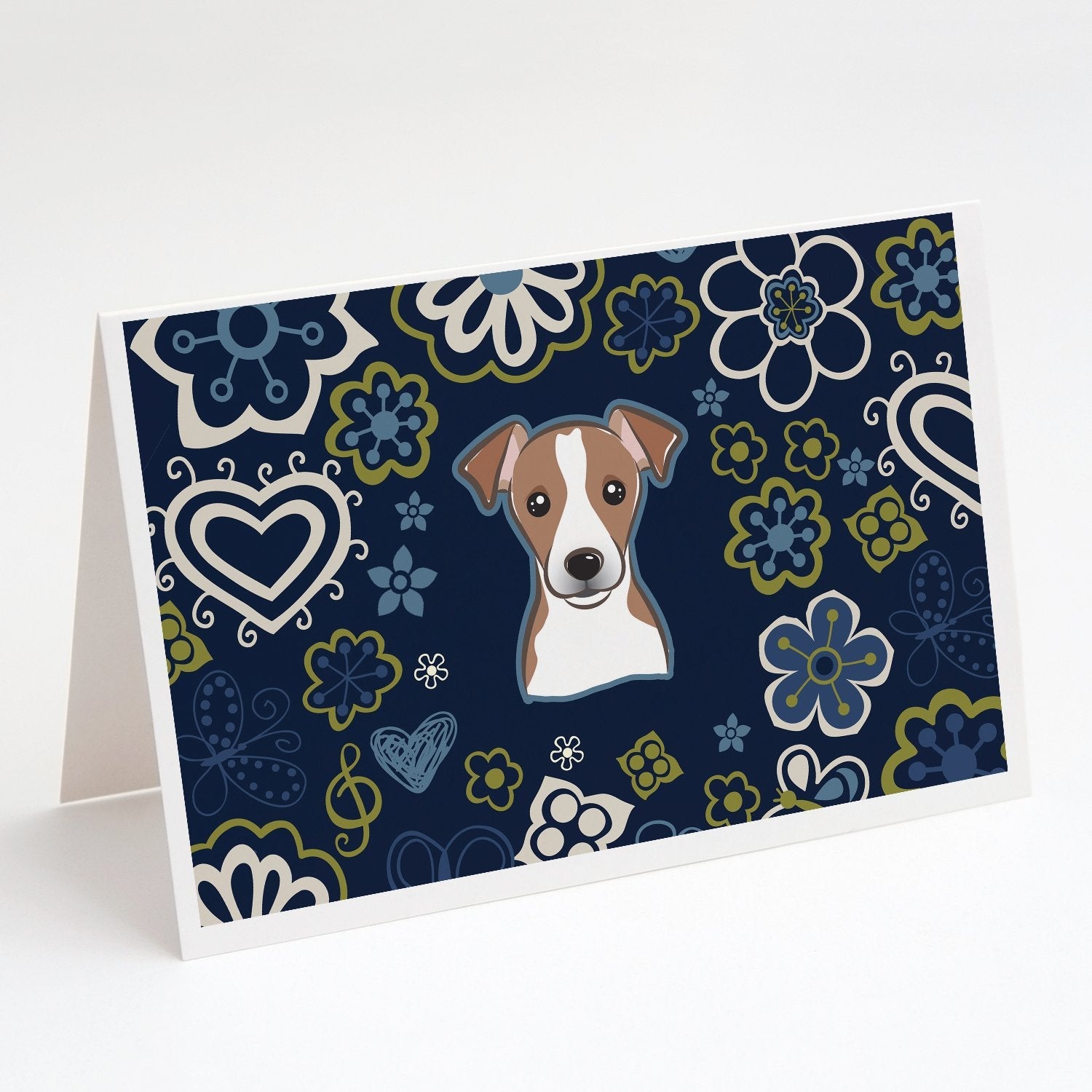 Blue Flowers Jack Russell Terrier Greeting Cards Pack of 8 Blank Cards with Envelopes Whimsical A7 Size 5x7