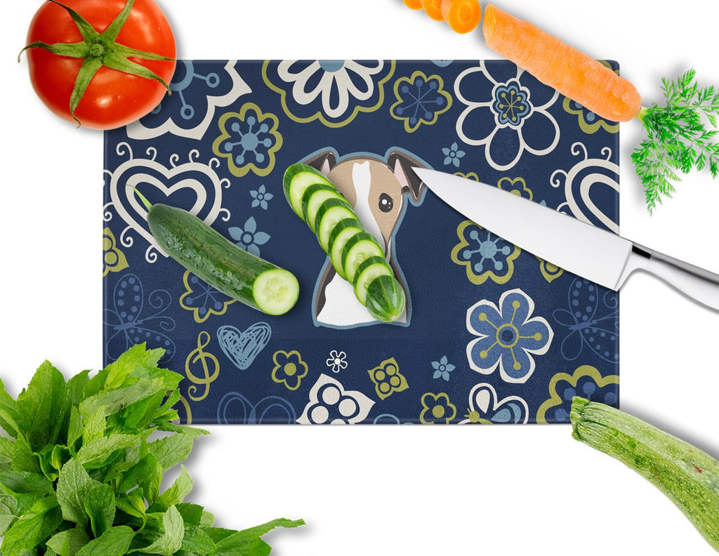 Blue Flowers Jack Russell Terrier Cutting Board Tempered Glass Kitchen Cutting Surface, Heat Resistant Chopping, Non-Slip Feet, Food Prep & Serving