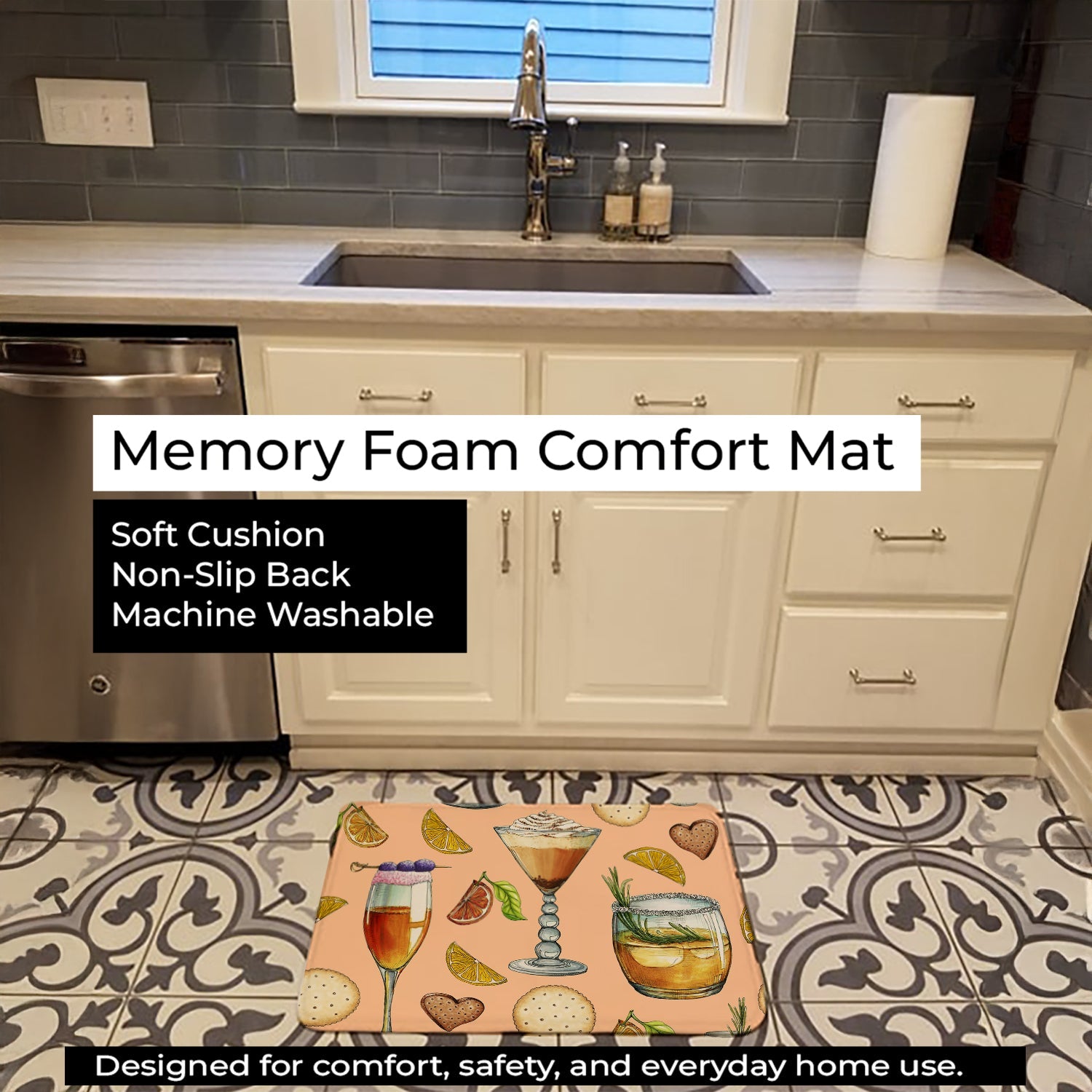 Drinks and Cocktails Peach Memory Foam Kitchen Mat Machine Washable Anti-Fatigue Cushion Comfort Bath or Kitchen Rug