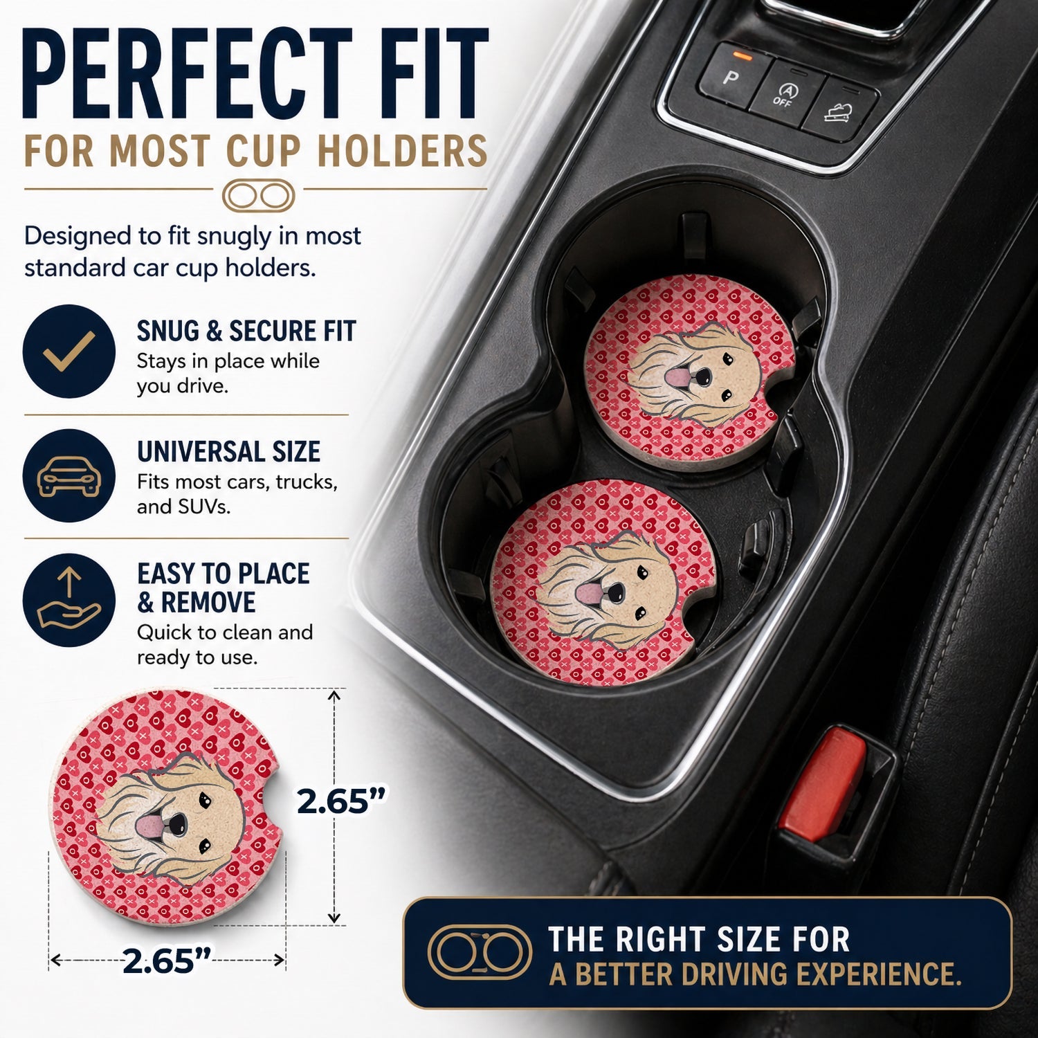 Golden Retriever Set of 2 Cup Holder Car Coasters Absorbent Round Sandstone Coasters Gifts for Men or Women, 2.5, Multicolor