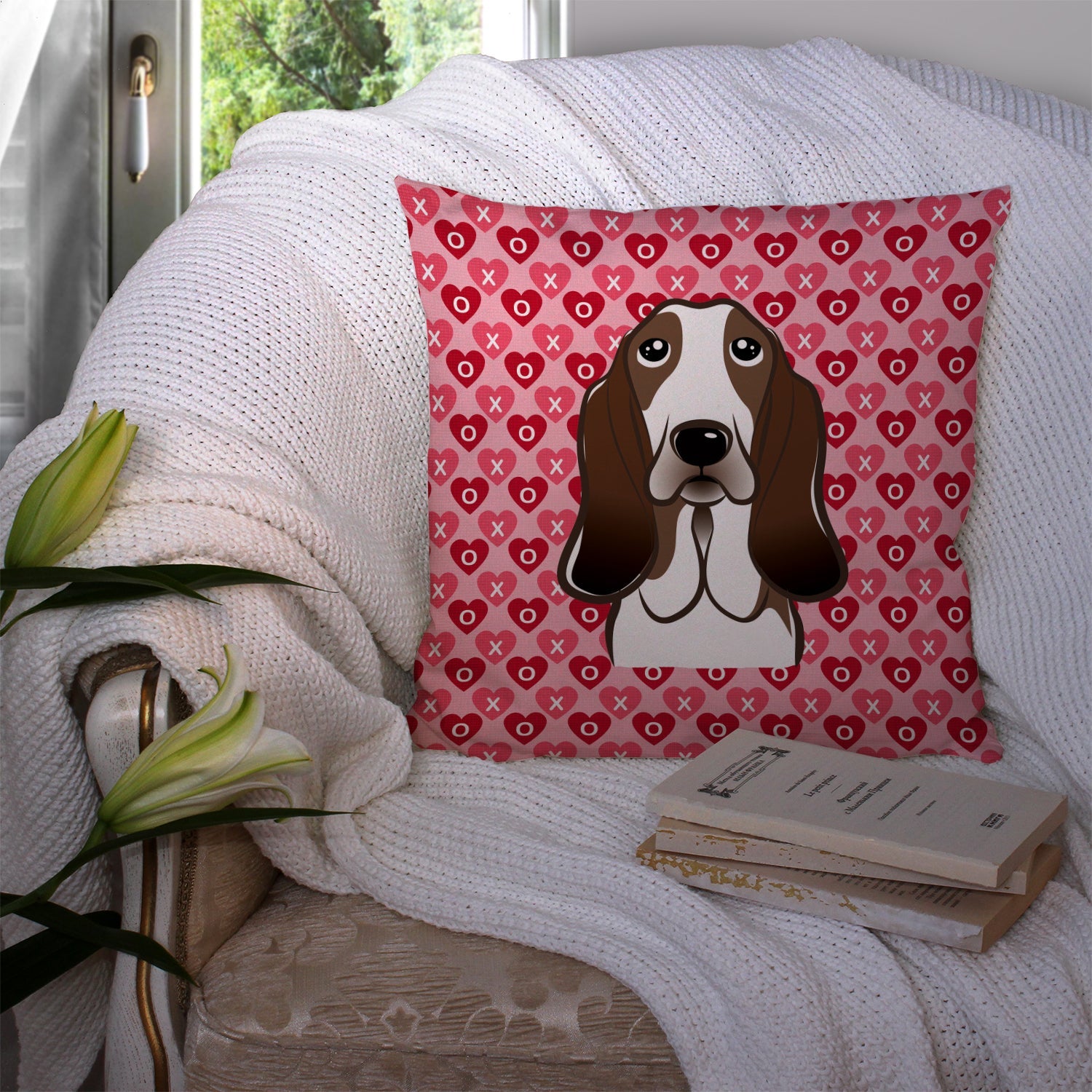 Basset Hound Hearts Throw Pillow - 14x14 Decorative Pillow – Art for Your Home & Patio BB5313PW1414