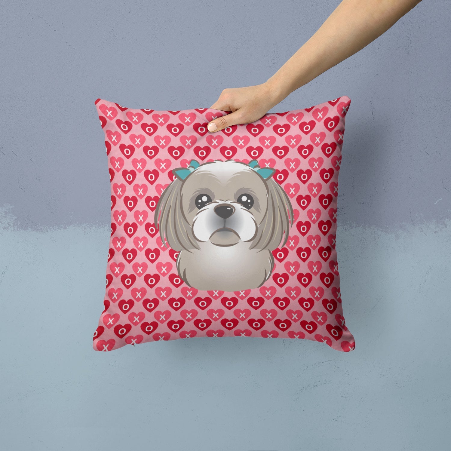 Gray Silver Shih Tzu Hearts Throw Pillow - 14x14 Decorative Pillow – Art for Your Home & Patio BB5320PW1414