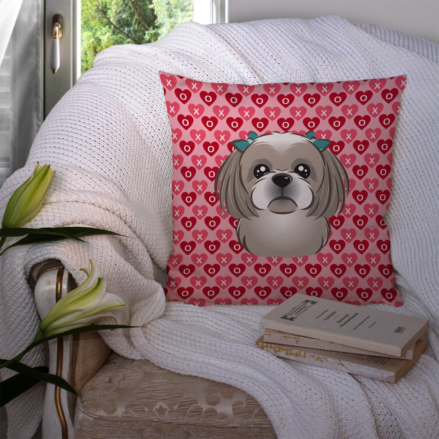 Gray Silver Shih Tzu Hearts Throw Pillow - 14x14 Decorative Pillow – Art for Your Home & Patio BB5320PW1414