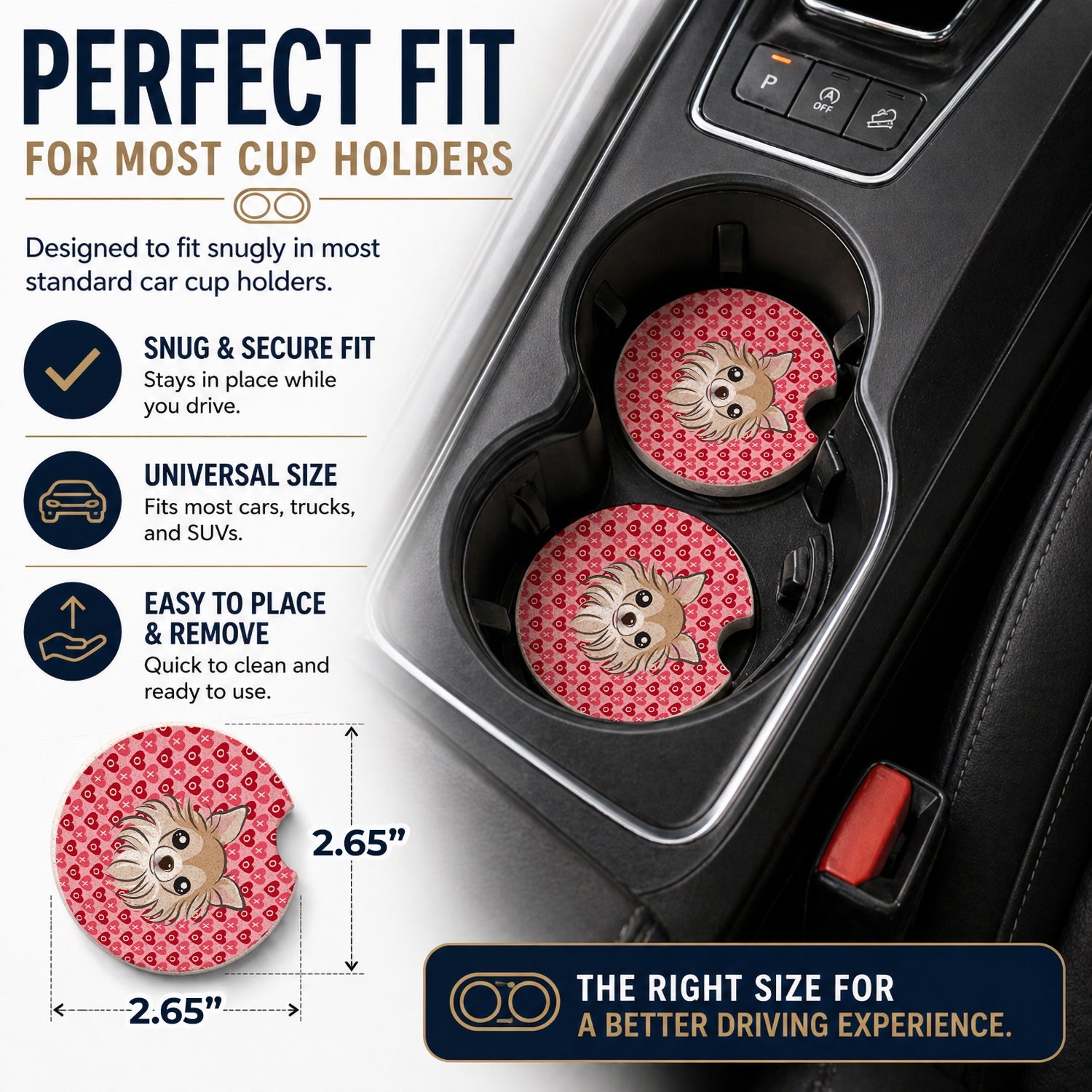 Chihuahua Set of 2 Cup Holder Car Coasters Absorbent Round Sandstone Coasters Gifts for Men or Women, 2.5, Multicolor