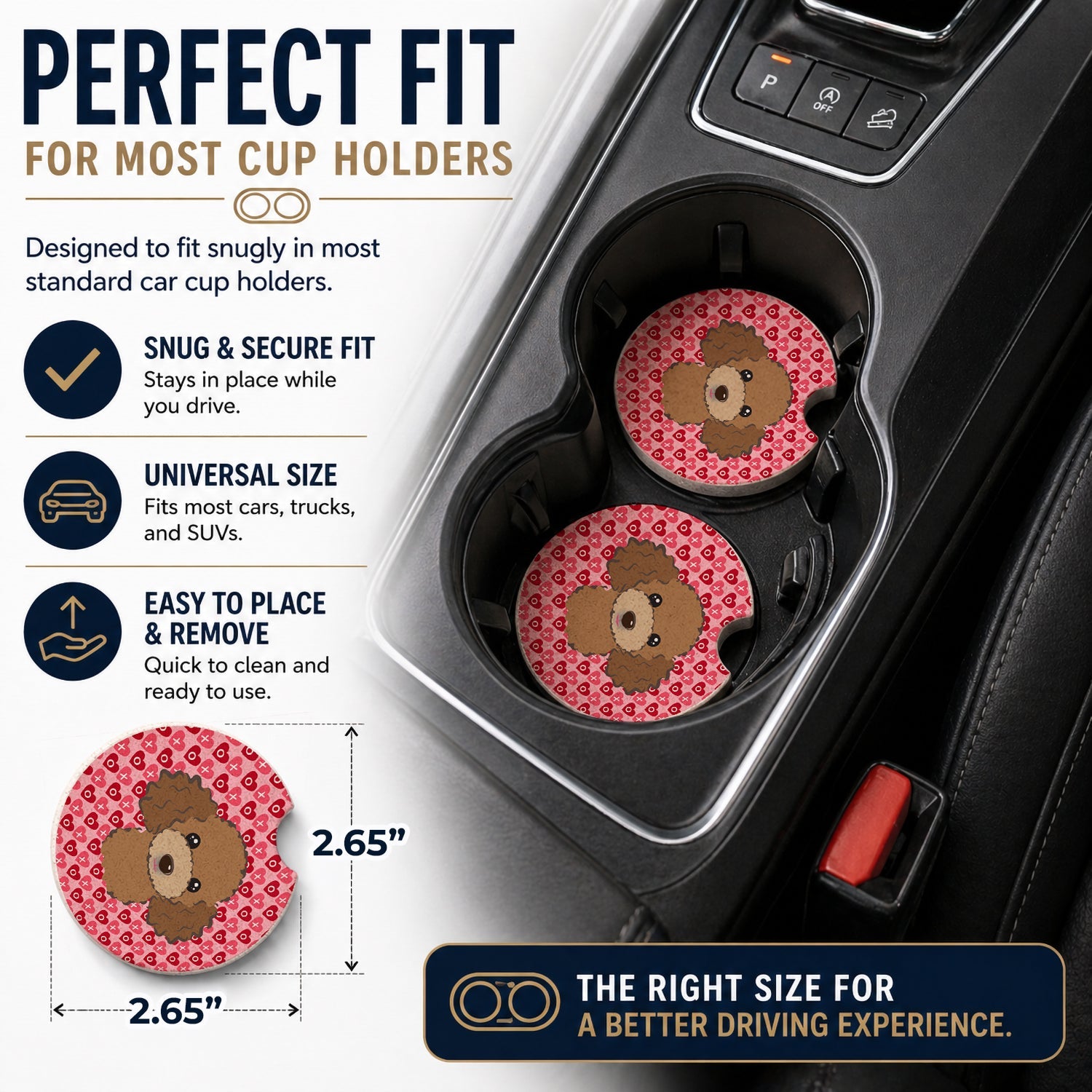 Chocolate Brown Poodle Set of 2 Cup Holder Car Coasters Absorbent Round Sandstone Coasters Gifts for Men or Women, 2.5, Multicolor
