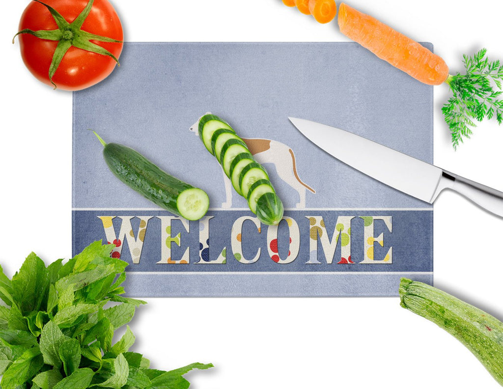 Greyhound Welcome Cutting Board Tempered Glass Kitchen Cutting Surface, Heat Resistant Chopping, Non-Slip Feet, Food Prep & Serving