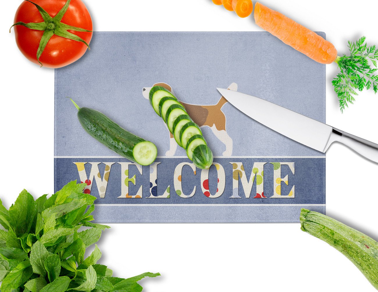 Beagle Welcome Cutting Board Tempered Glass Kitchen Cutting Surface, Heat Resistant Chopping, Non-Slip Feet, Food Prep & Serving