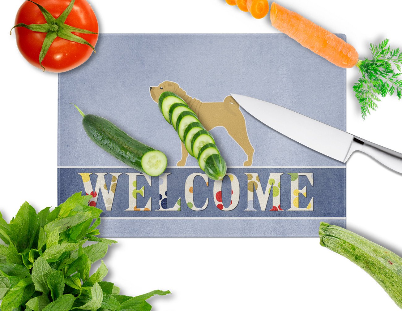Shar Pei Merry Welcome Cutting Board Tempered Glass Kitchen Cutting Surface, Heat Resistant Chopping, Non-Slip Feet, Food Prep & Serving