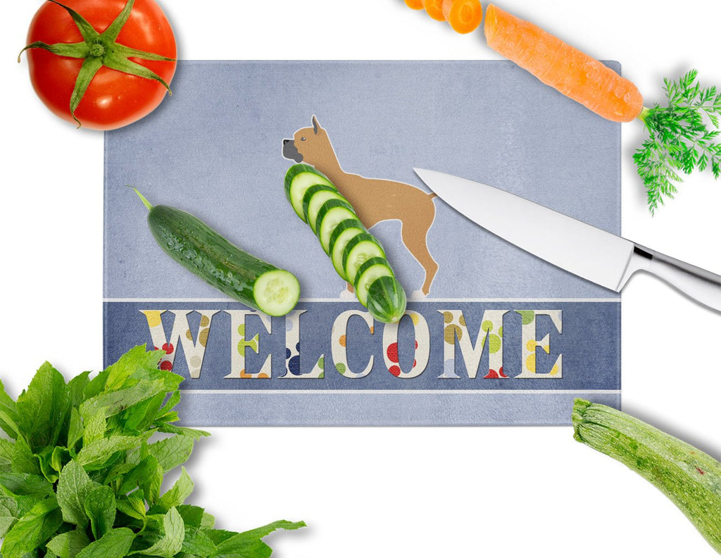 Boxer Welcome Cutting Board Tempered Glass Kitchen Cutting Surface, Heat Resistant Chopping, Non-Slip Feet, Food Prep & Serving