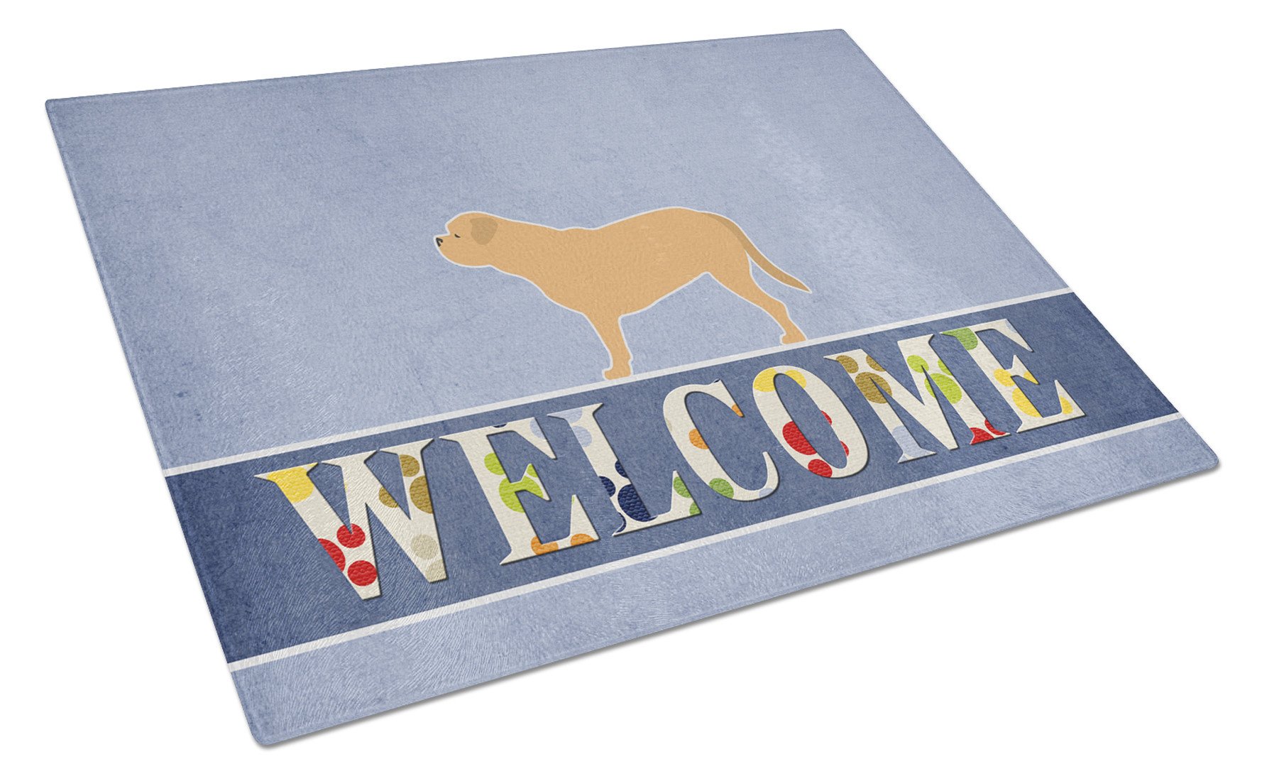 Dogue de Bordeaux Welcome Cutting Board Tempered Glass Kitchen Cutting Surface, Heat Resistant Chopping, Non-Slip Feet, Food Prep & Serving