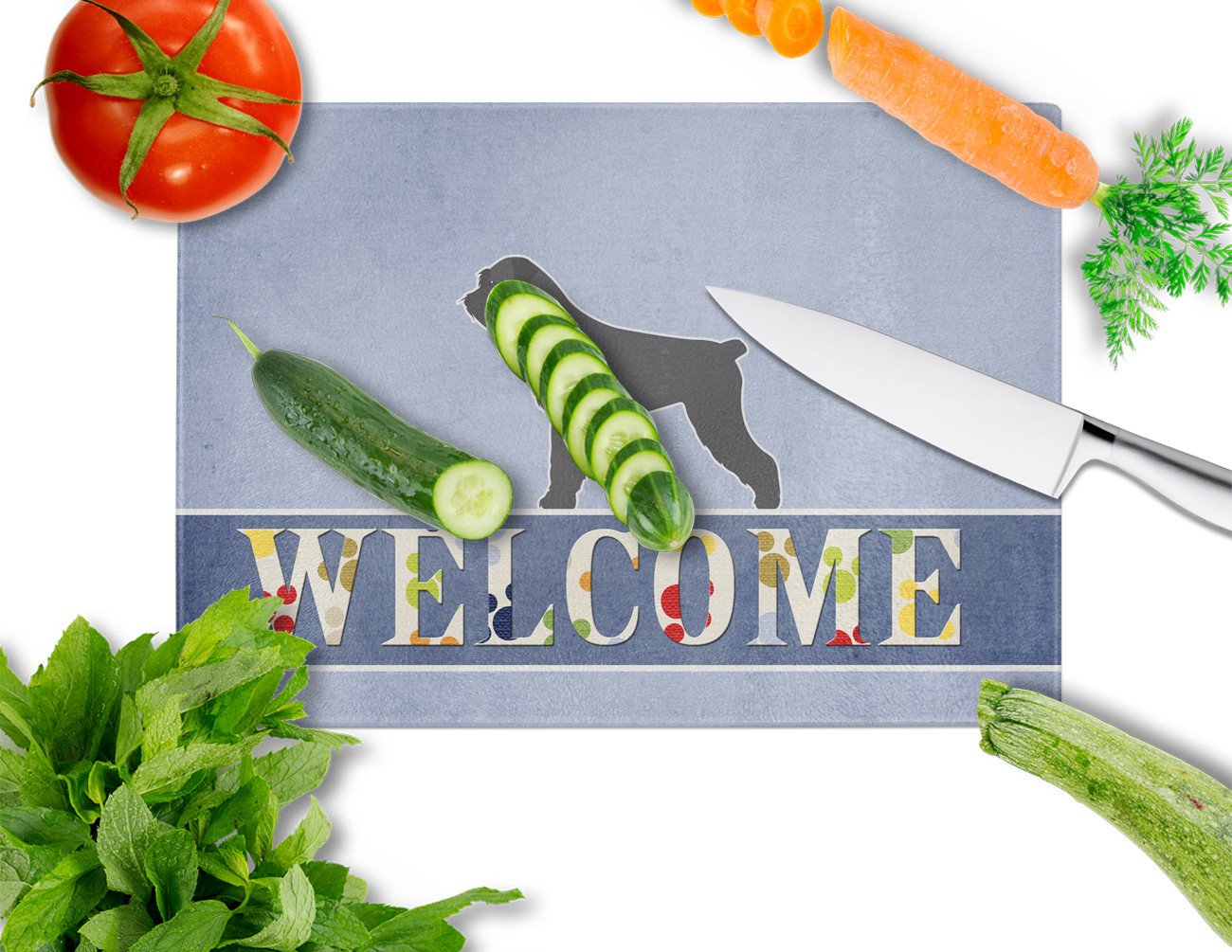 Giant Schnauzer Welcome Cutting Board Tempered Glass Kitchen Cutting Surface, Heat Resistant Chopping, Non-Slip Feet, Food Prep & Serving