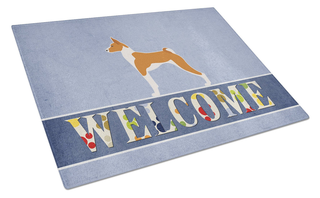 Basenji Welcome Cutting Board Tempered Glass Kitchen Cutting Surface, Heat Resistant Chopping, Non-Slip Feet, Food Prep & Serving