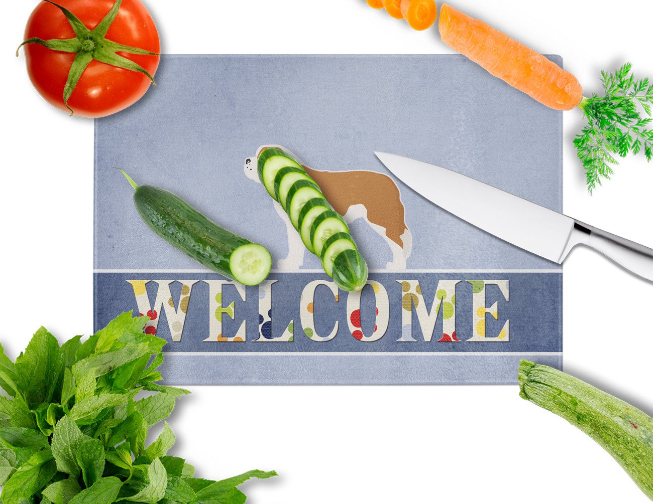 Saint Bernard Welcome Cutting Board Tempered Glass Kitchen Cutting Surface, Heat Resistant Chopping, Non-Slip Feet, Food Prep & Serving