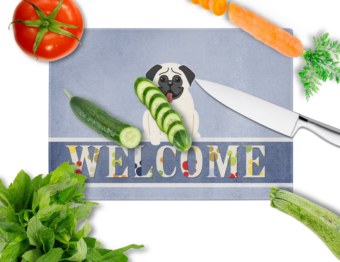 Pug Cream Welcome Cutting Board Tempered Glass Kitchen Cutting Surface, Heat Resistant Chopping, Non-Slip Feet, Food Prep & Serving