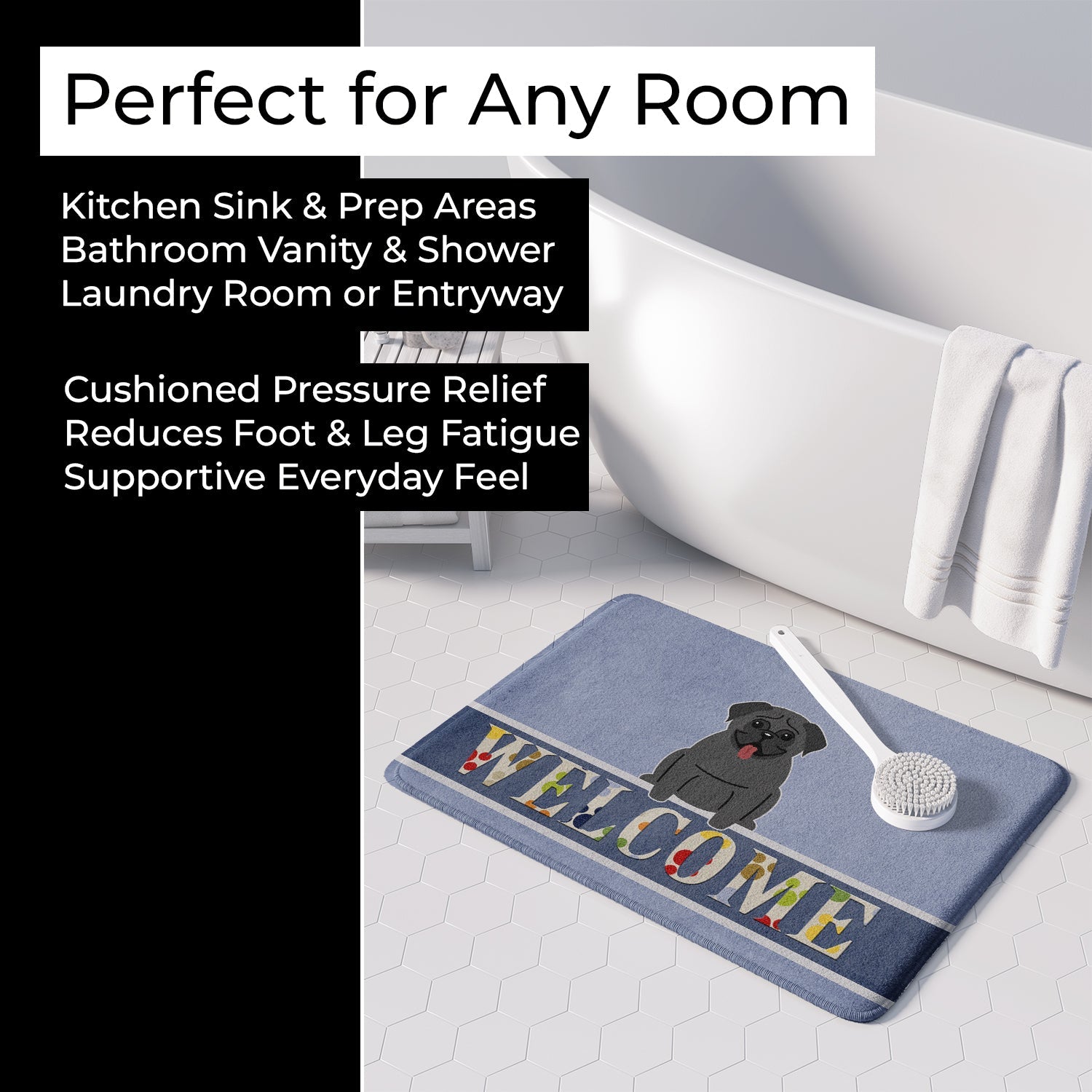 Pug Black Welcome Memory Foam Kitchen Mat Machine Washable Anti-Fatigue Cushion Comfort Bath or Kitchen Rug