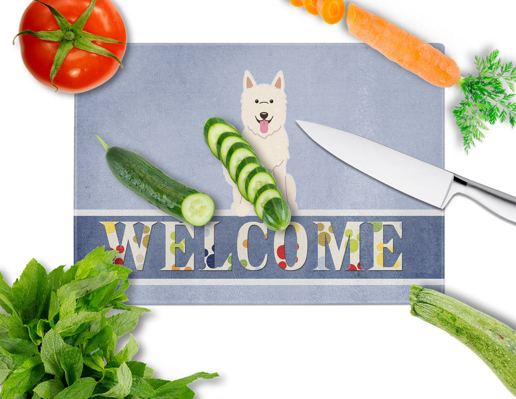 White German Shepherd Welcome Cutting Board Tempered Glass Kitchen Cutting Surface, Heat Resistant Chopping, Non-Slip Feet, Food Prep & Serving