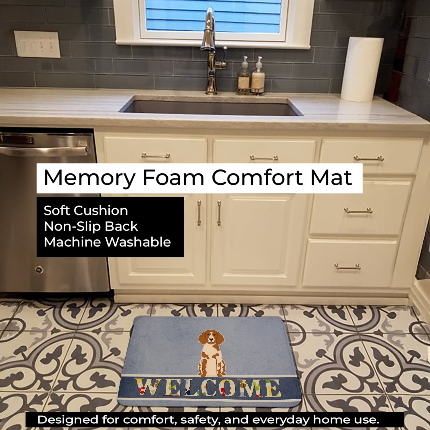 Brittany Spaniel Welcome Memory Foam Kitchen Mat Machine Washable Anti-Fatigue Cushion Comfort Bath or Kitchen Rug