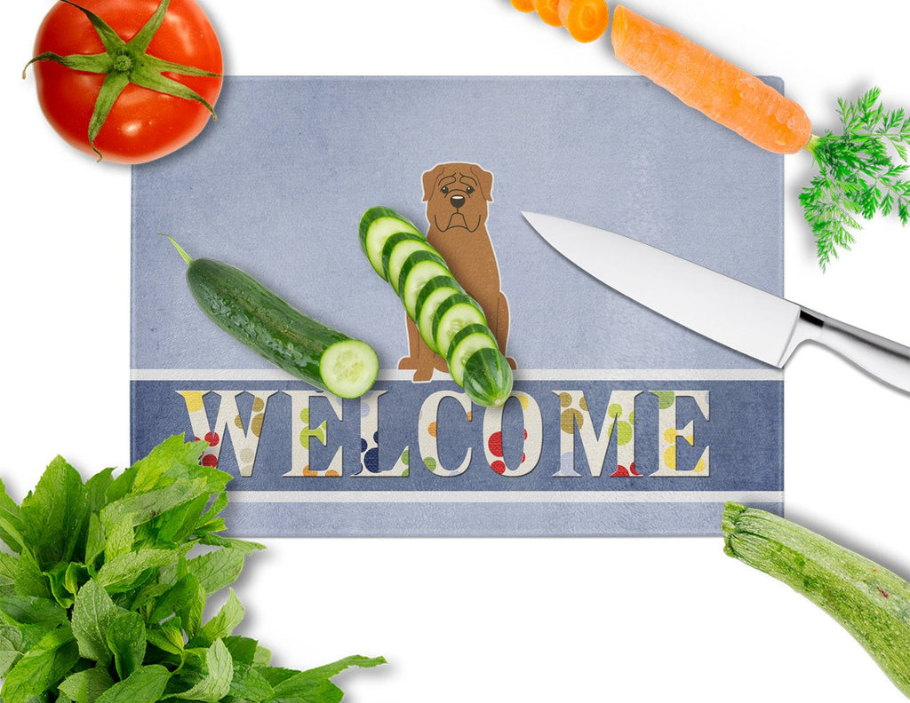 Dogue de Bourdeaux Welcome Cutting Board Tempered Glass Kitchen Cutting Surface, Heat Resistant Chopping, Non-Slip Feet, Food Prep & Serving