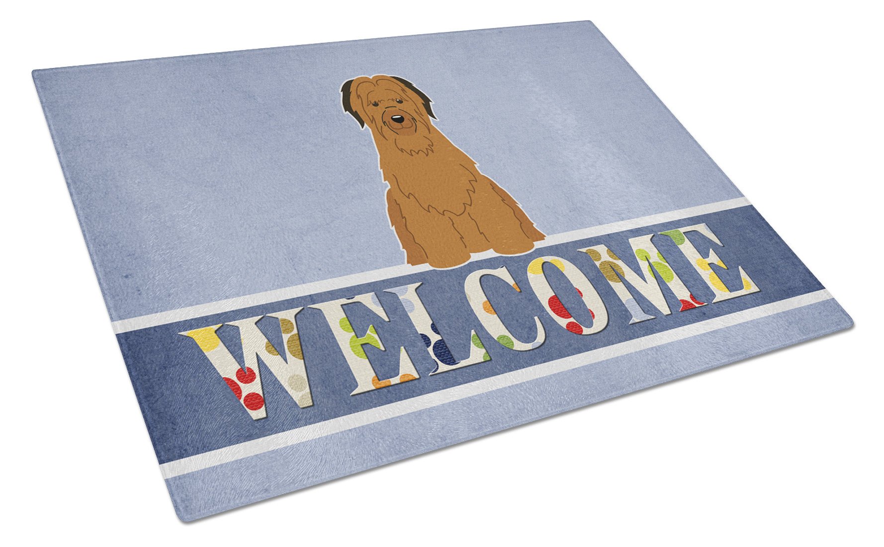 Briard Brown Welcome Cutting Board Tempered Glass Kitchen Cutting Surface, Heat Resistant Chopping, Non-Slip Feet, Food Prep & Serving