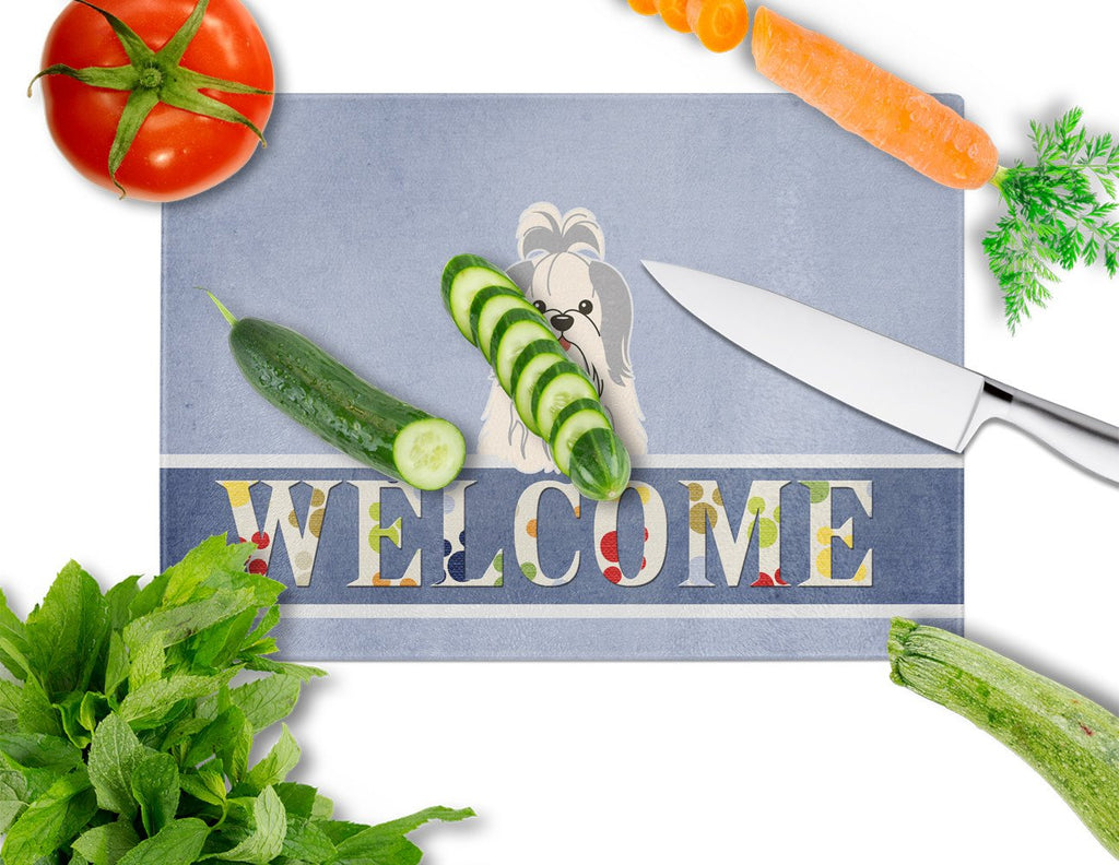 Shih Tzu Silver White Welcome Cutting Board Tempered Glass Kitchen Cutting Surface, Heat Resistant Chopping, Non-Slip Feet, Food Prep & Serving
