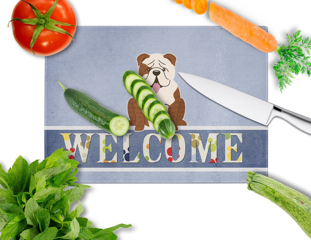 English Bulldog Brindle White Welcome Cutting Board Tempered Glass Kitchen Cutting Surface, Heat Resistant Chopping, Non-Slip Feet, Food Prep & Serving