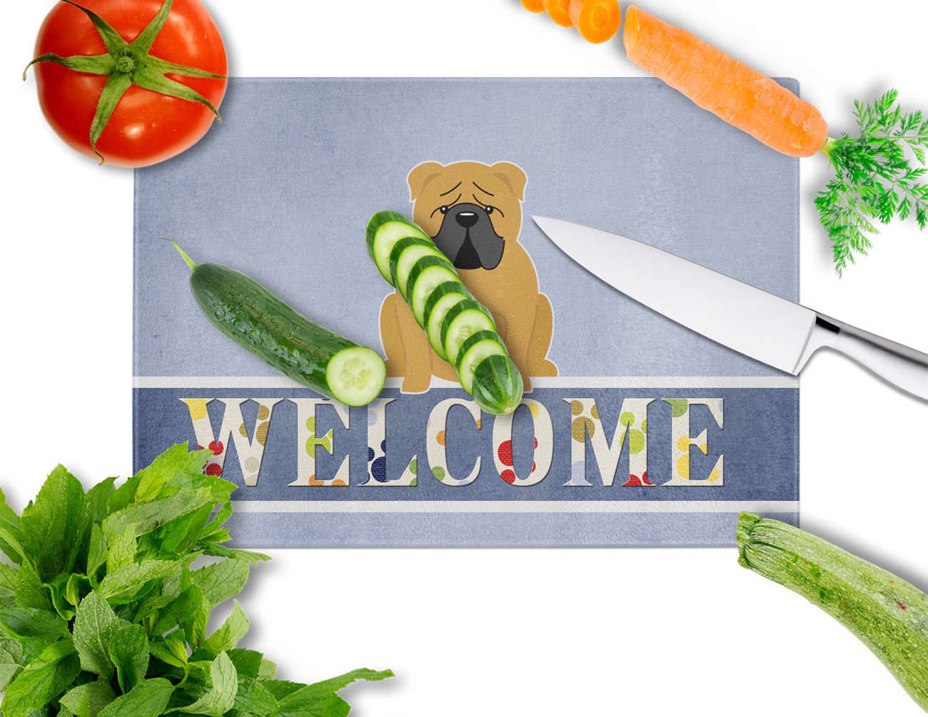 English Bulldog Red Welcome Cutting Board Tempered Glass Kitchen Cutting Surface, Heat Resistant Chopping, Non-Slip Feet, Food Prep & Serving