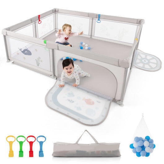 Large Baby Playpen with Pull Rings Ocean Balls and Cute Pattern-Penguin
