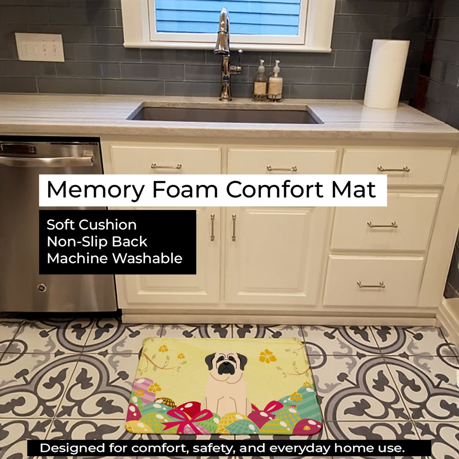 Easter Eggs Mastiff White Memory Foam Kitchen Mat Machine Washable Anti-Fatigue Cushion Comfort Bath or Kitchen Rug