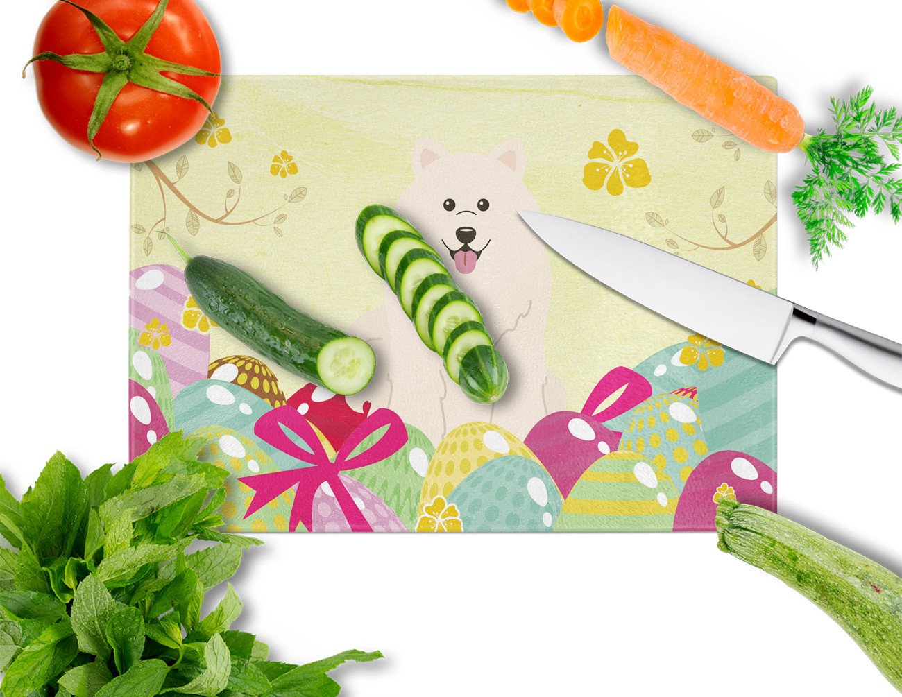 Easter Eggs Samoyed Cutting Board Tempered Glass Kitchen Cutting Surface, Heat Resistant Chopping, Non-Slip Feet, Food Prep & Serving