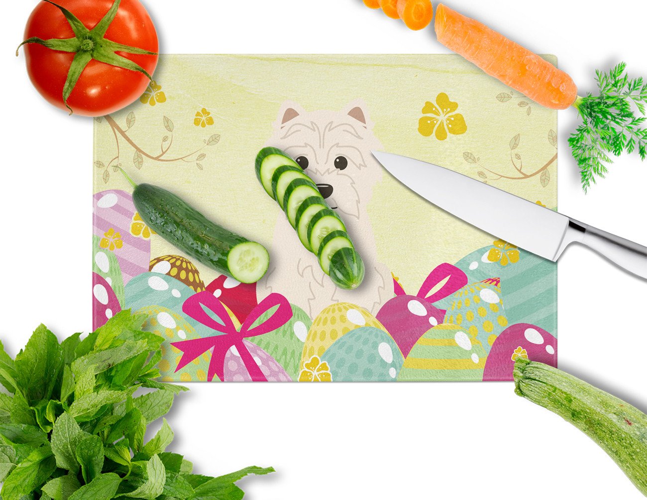 Easter Eggs Westie Cutting Board Tempered Glass Kitchen Cutting Surface, Heat Resistant Chopping, Non-Slip Feet, Food Prep & Serving