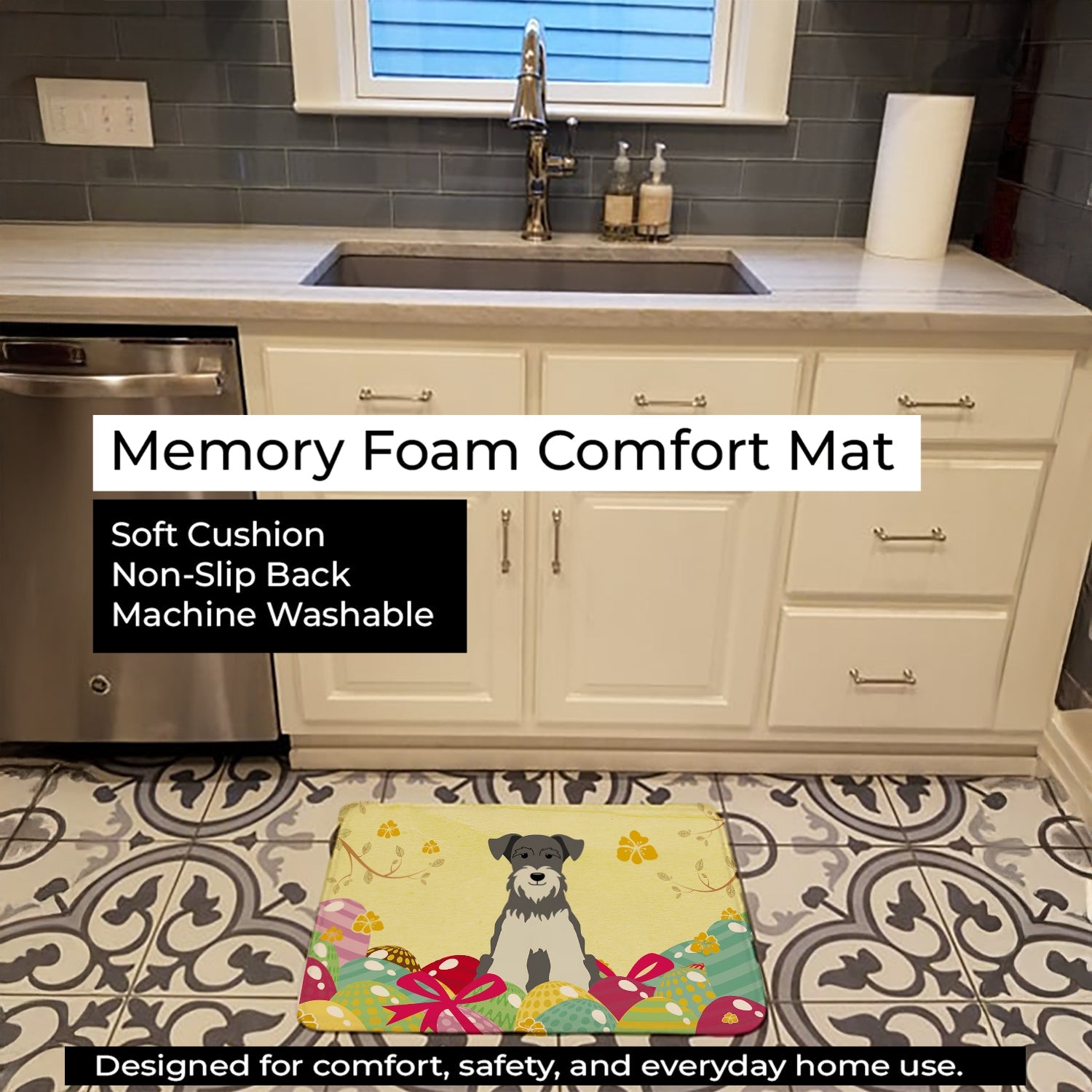 Easter Eggs Miniature Schnauzer Salt and Pepper Memory Foam Kitchen Mat Machine Washable Anti-Fatigue Cushion Comfort Bath or Kitchen Rug