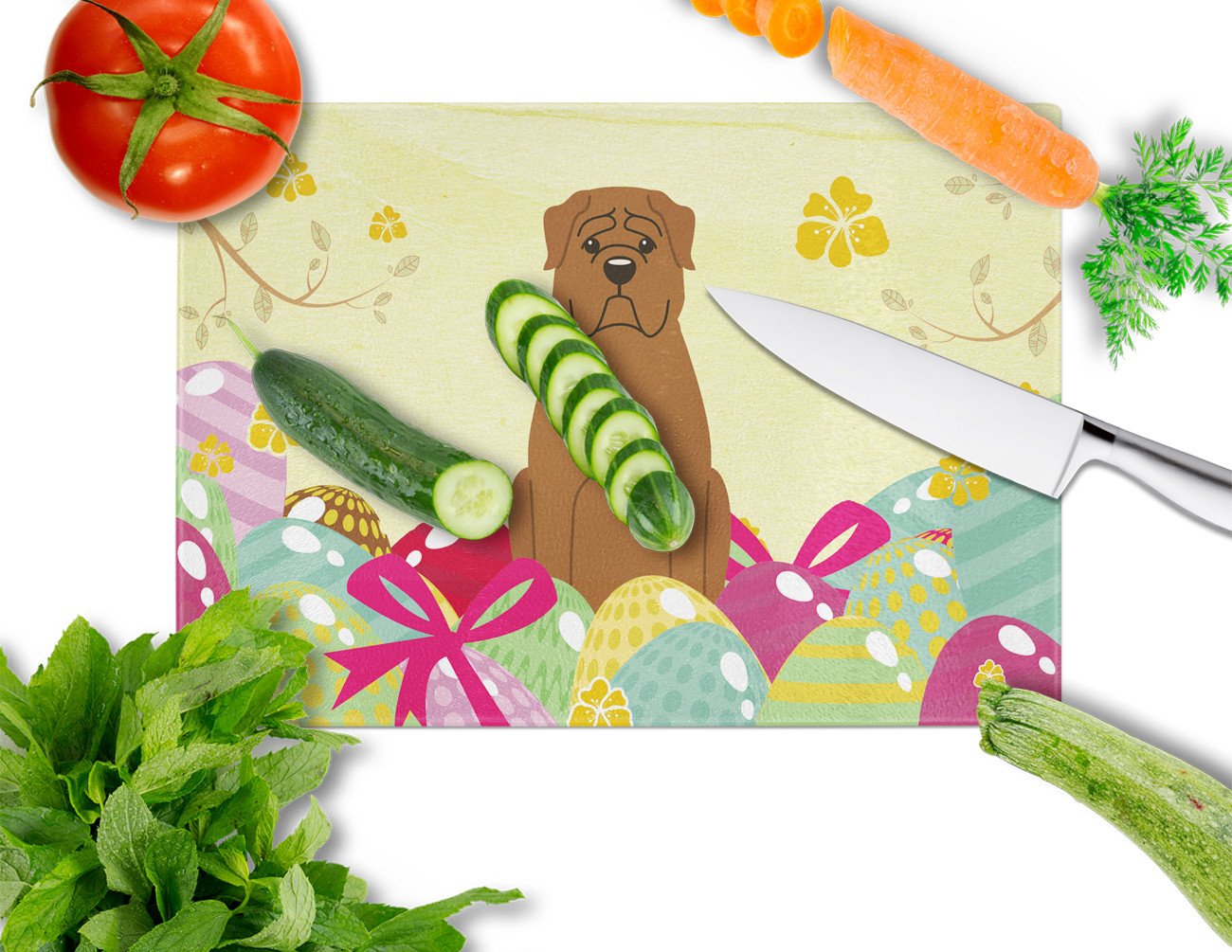 Easter Eggs Dogue de Bourdeaux Cutting Board Tempered Glass Kitchen Cutting Surface, Heat Resistant Chopping, Non-Slip Feet, Food Prep & Serving