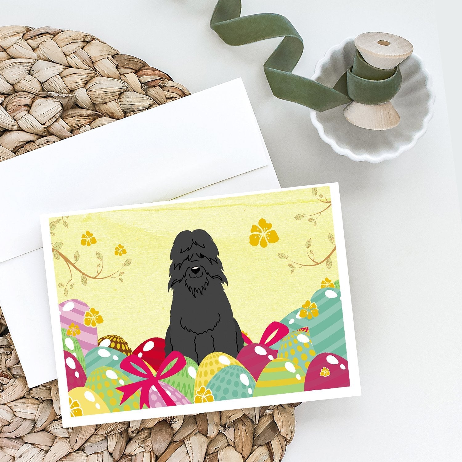 Easter Eggs Bouvier des Flandres Greeting Cards Pack of 8 Blank Cards with Envelopes Whimsical A7 Size 5x7