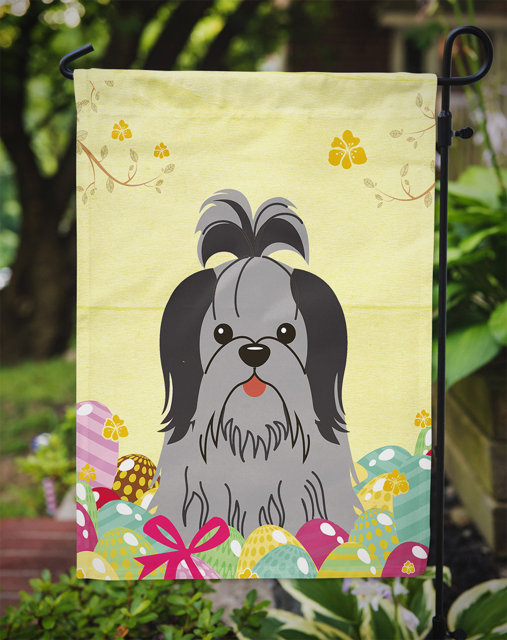 Easter Eggs Shih Tzu Black Silver Garden Flag Mailbox Decorative Yard Banner Outside Patio Artwork for Flower Beds, Garden Size, Multicolor