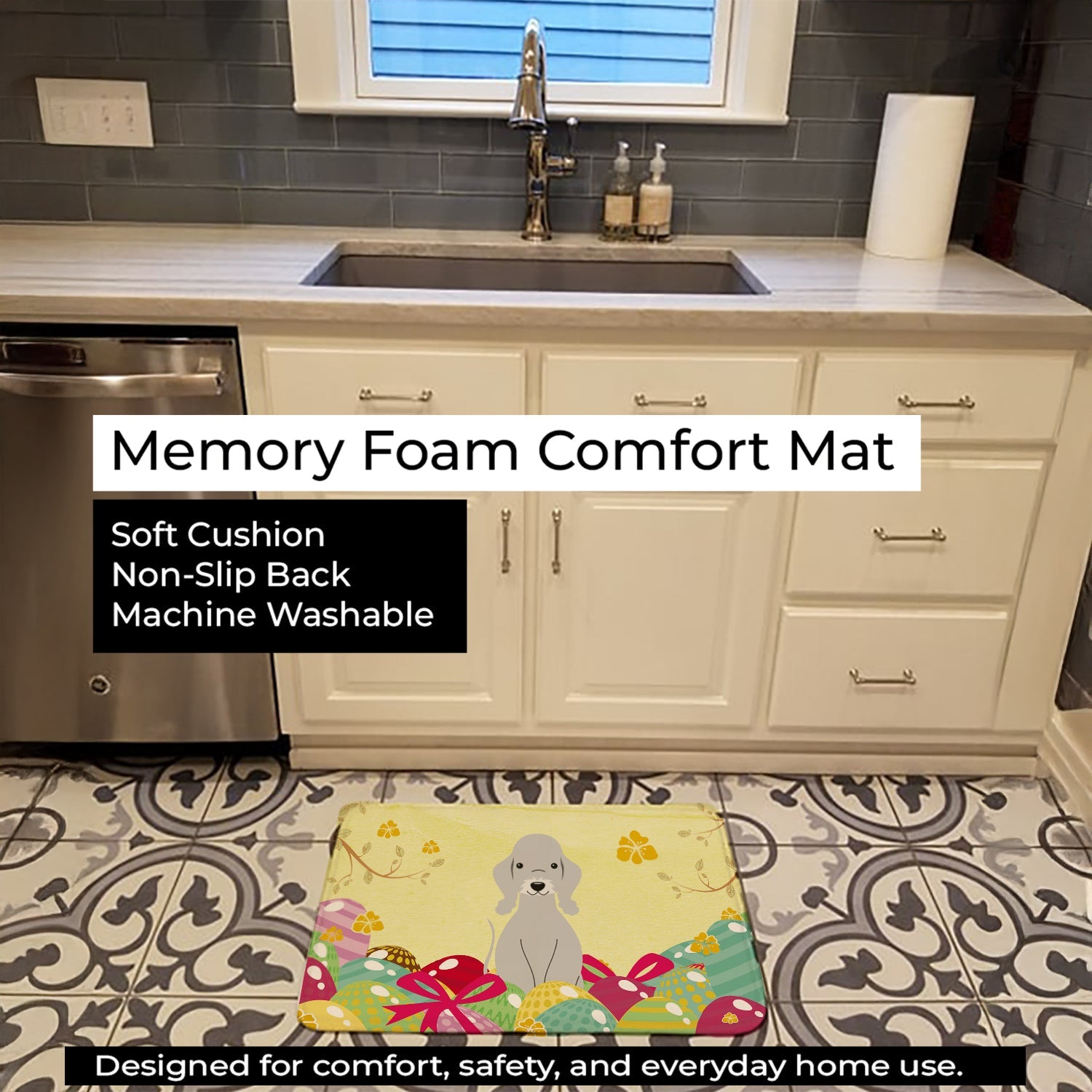 Easter Eggs Bedlington Terrier Blue Memory Foam Kitchen Mat Machine Washable Anti-Fatigue Cushion Comfort Bath or Kitchen Rug