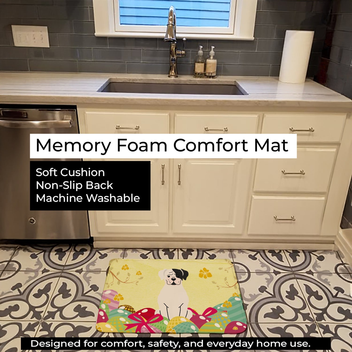 Easter Eggs White Boxer Cooper Memory Foam Kitchen Mat Machine Washable Anti-Fatigue Cushion Comfort Bath or Kitchen Rug