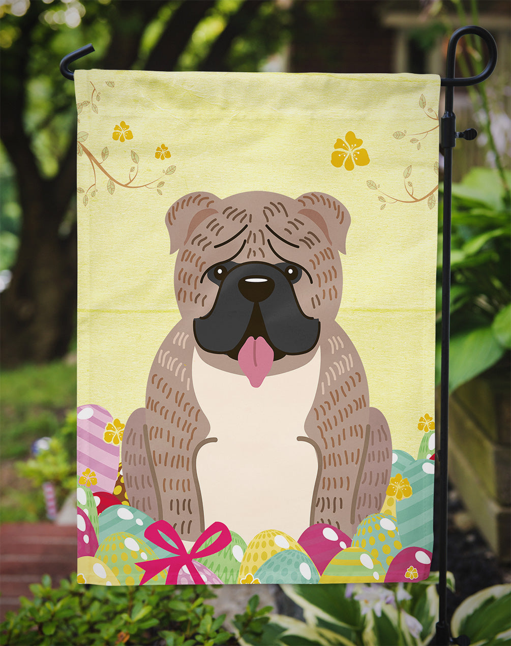 Easter Eggs English Bulldog Grey Brindle  Garden Flag Mailbox Decorative Yard Banner Outside Patio Artwork for Flower Beds, Garden Size, Multicolor