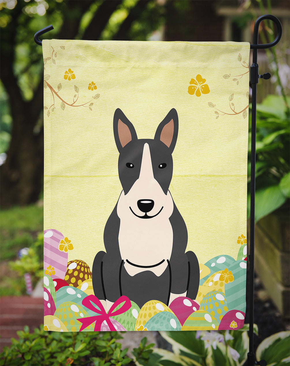 Easter Eggs Bull Terrier Black White Garden Flag Mailbox Decorative Yard Banner Outside Patio Artwork for Flower Beds, Garden Size, Multicolor