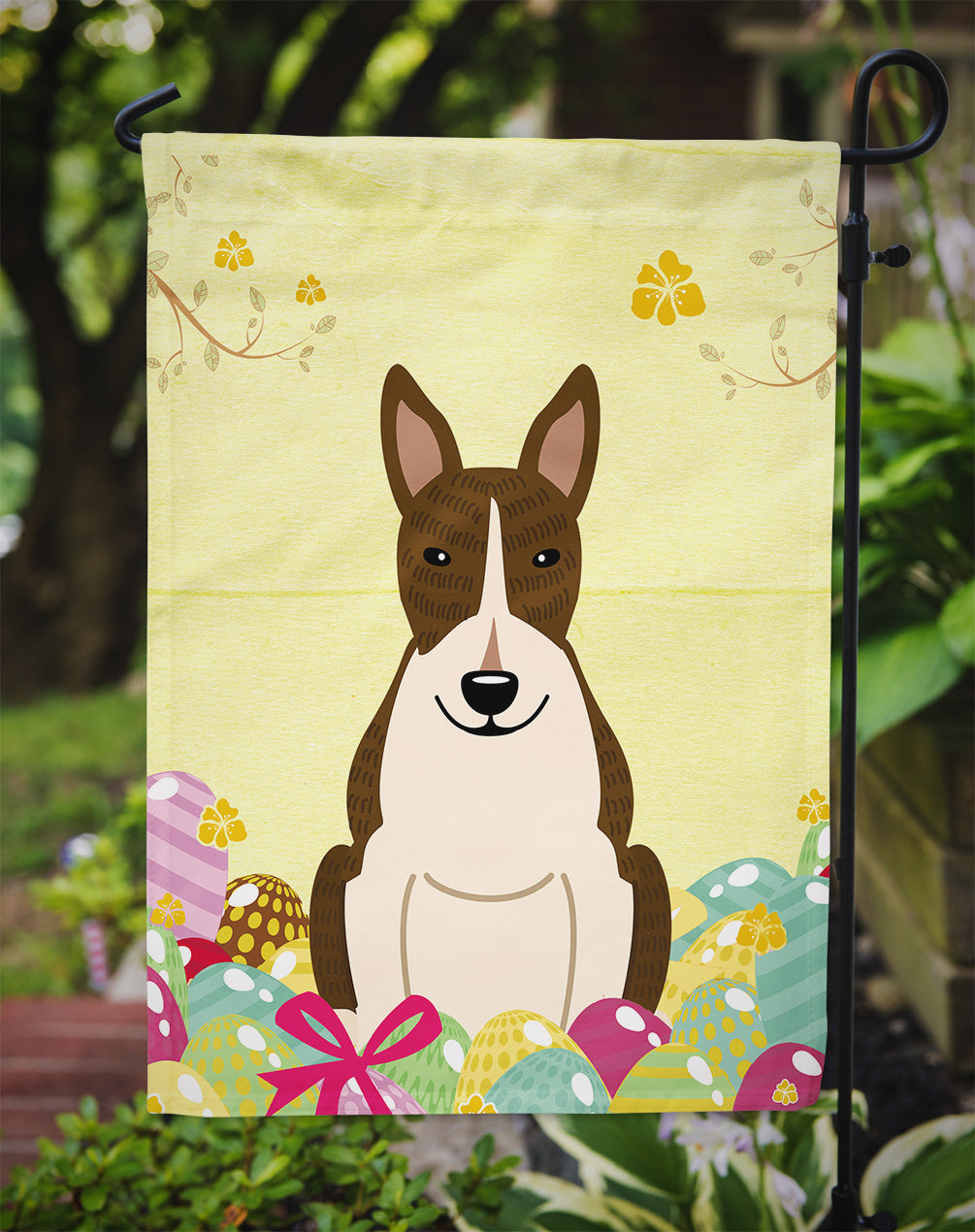 Easter Eggs Bull Terrier Dark Brindle Garden Flag Mailbox Decorative Yard Banner Outside Patio Artwork for Flower Beds, Garden Size, Multicolor