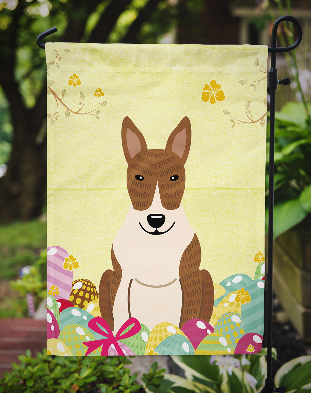 Easter Eggs Bull Terrier Brindle Garden Flag Mailbox Decorative Yard Banner Outside Patio Artwork for Flower Beds, Garden Size, Multicolor