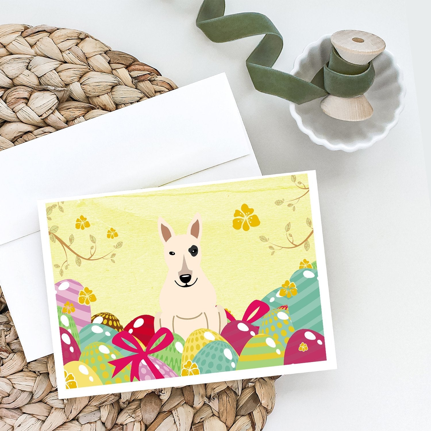 Easter Eggs Bull Terrier White Greeting Cards Pack of 8 Blank Cards with Envelopes Whimsical A7 Size 5x7